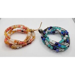 Boho Leather Wrap Bracelet Set Beaded Multi Strand Blue Orange 2pc Bundle